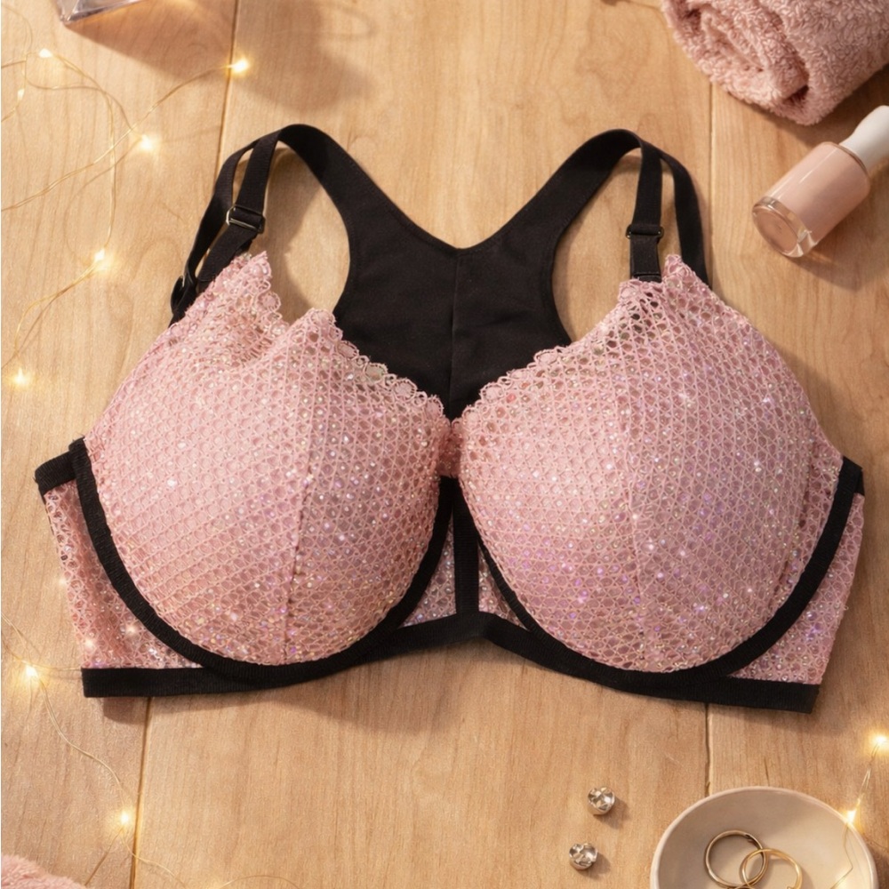 Victoria's Secret Pink Sparkle Lace plunge Push-Up Bra with Black Trim 34DD